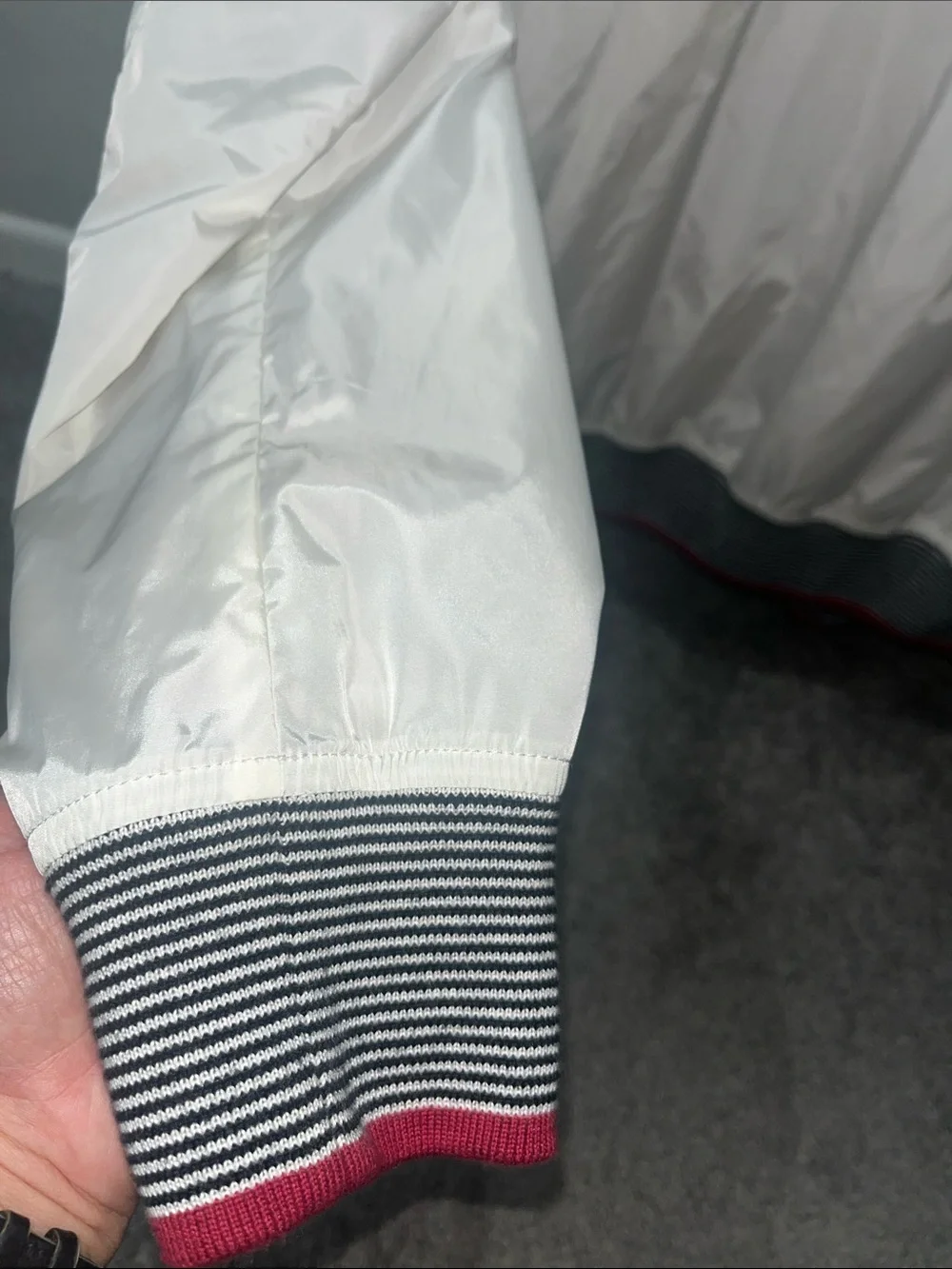 Gucci White Bomber Jacket with Navy-Striped and Red Trim